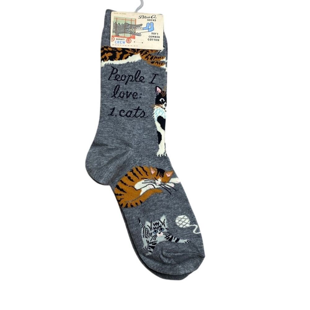 Blue Q "People I Love: Cats" Crew Socks NWT Gray Cotton Calico Tabby Kitten